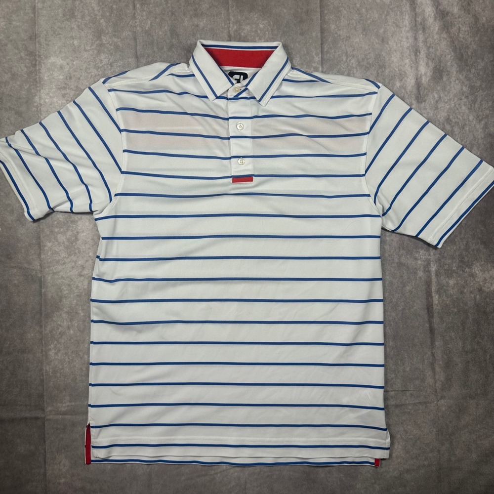 FootJoy ProDry Mens Medium Golf Polo Shirt White Blue Striped Short Sleeve FJ